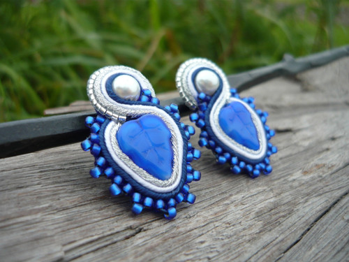 Soutache náušnice FOLK modré lístečky — foto 2