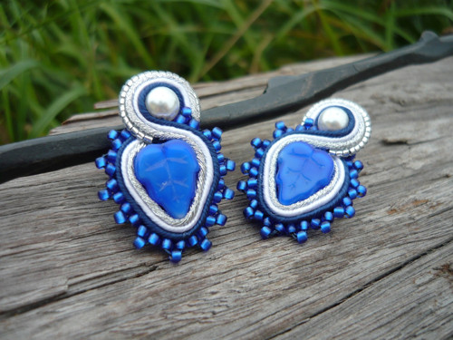 Soutache náušnice FOLK modré lístečky — foto 3