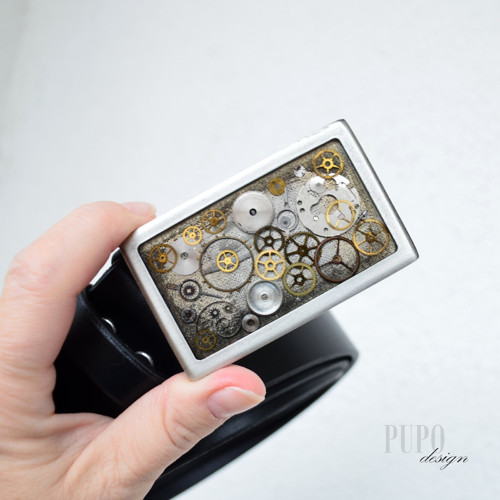Černý steampunkový pásek, hranatá spona — foto 4