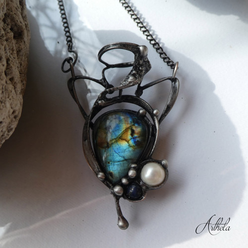Amfora - labradorit, říční perla, lapis lazuli — foto 3