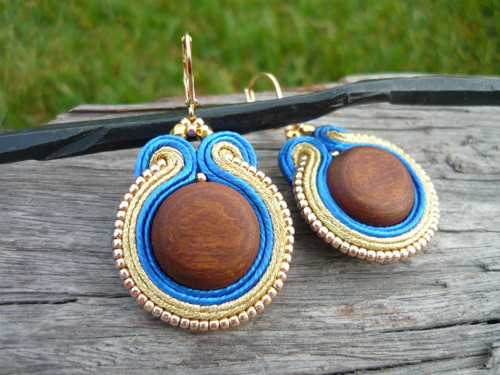 Soutache Náušnice "WOOD" Gold&Blue — foto 2