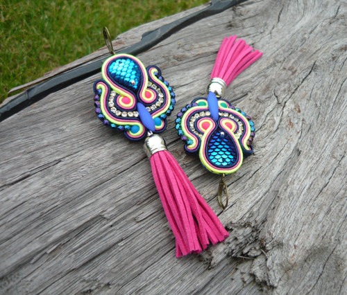 Soutache náušnice Magical Peacock střapcové — foto 2