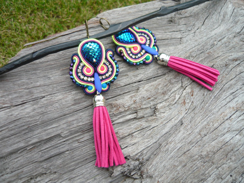 Soutache náušnice Magical Peacock střapcové — foto 3