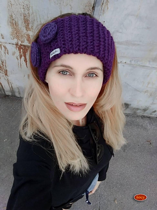 Teplá zimní čelenka dvojitá, fialka — foto 4