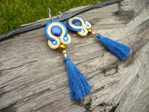Soutache náušnice střapcové Gold and Blue — foto 2