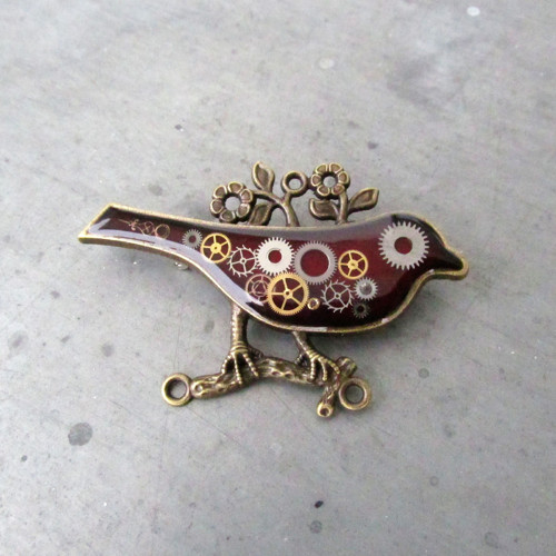 STEAMPUNKOVÝ PTÁČEK, vínový, brož — foto 2