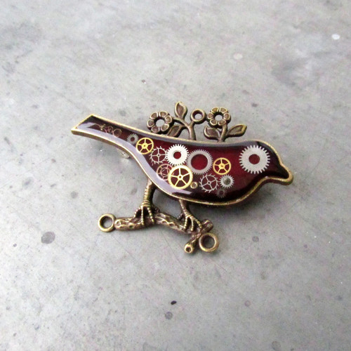 STEAMPUNKOVÝ PTÁČEK, vínový, brož — foto 3