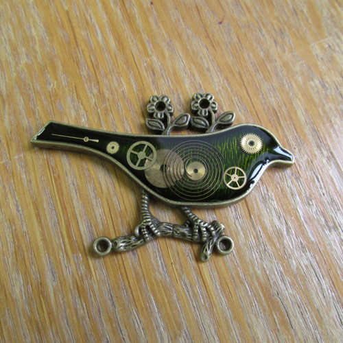 STEAMPUNKOVÝ PTÁČEK zelený - brož — foto 2