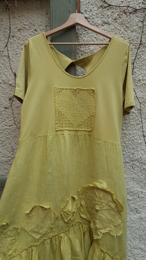 Limetkové boho-vintage šaty, len a úplet — foto 4