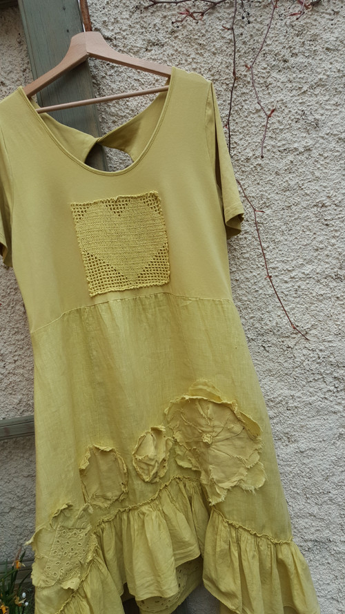 Limetkové boho-vintage šaty, len a úplet — foto 2
