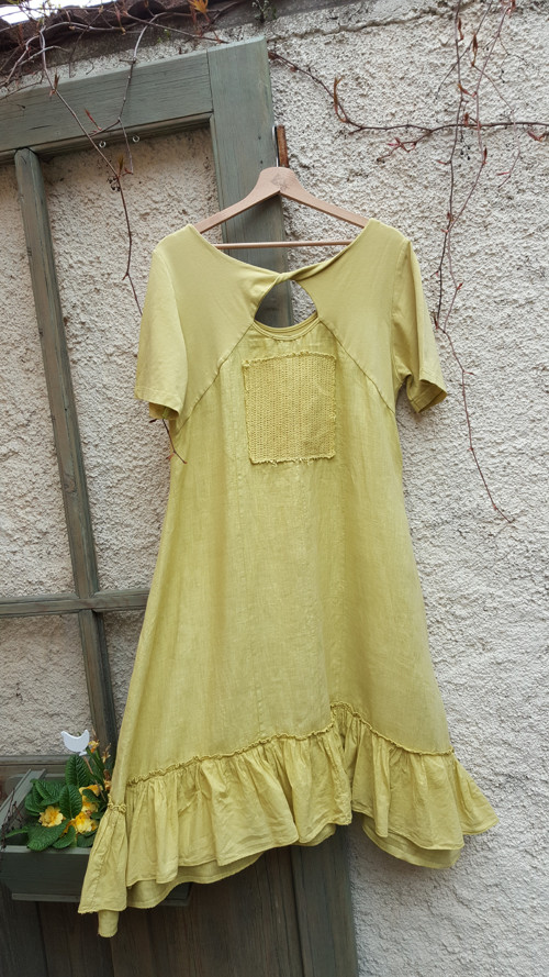 Limetkové boho-vintage šaty, len a úplet — foto 5