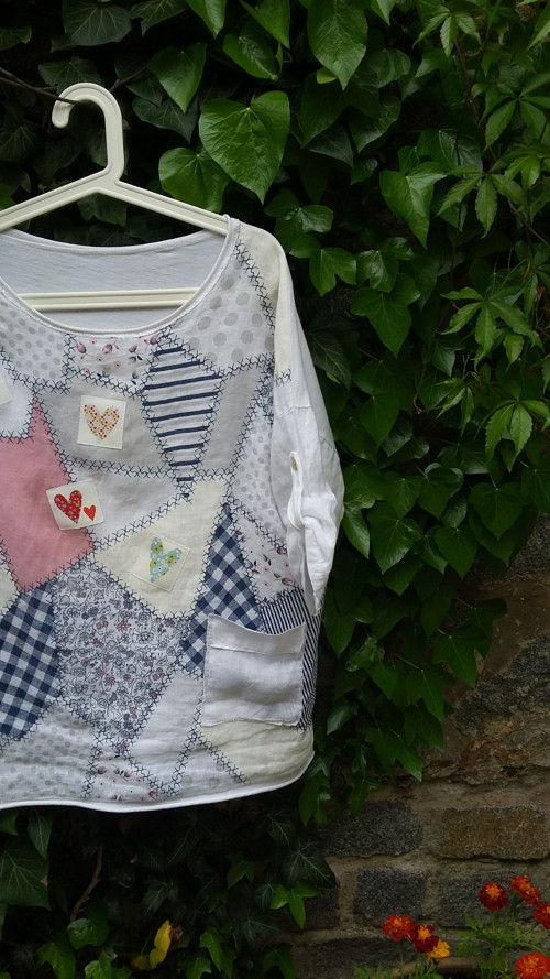 Patchwork srdíčková tunika, L/oversized — foto 3