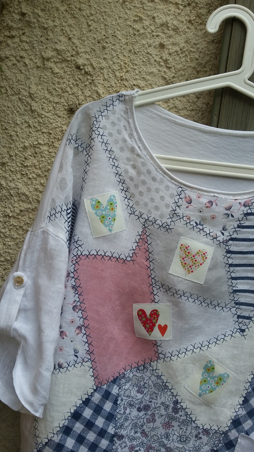 Patchwork srdíčková tunika, L/oversized — foto 2