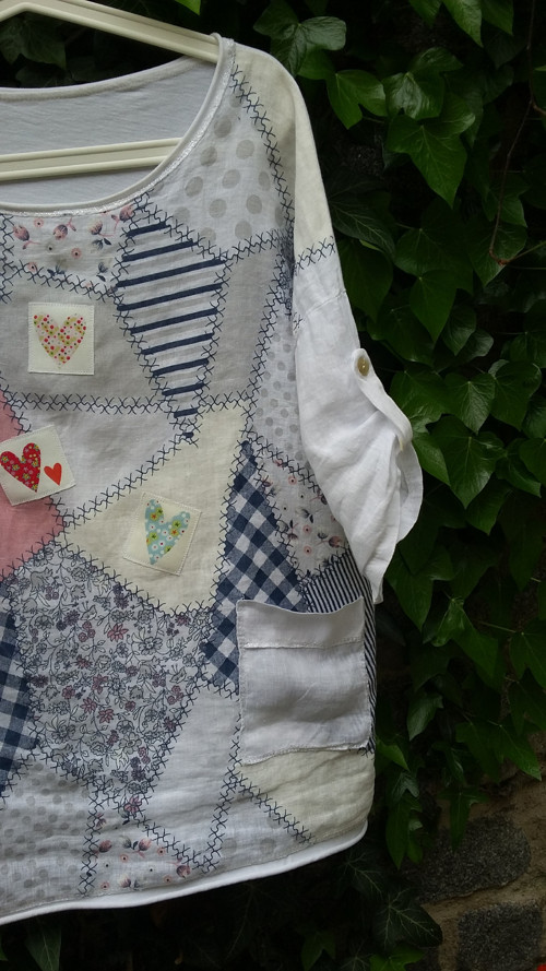 Patchwork srdíčková tunika, L/oversized — foto 4