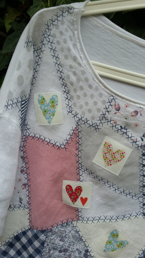 Patchwork srdíčková tunika, L/oversized — foto 6