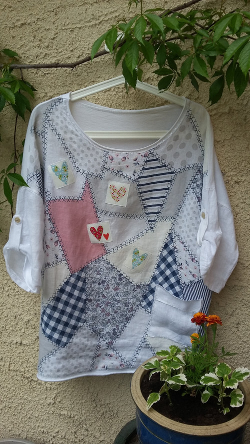 Patchwork srdíčková tunika, L/oversized — foto 5