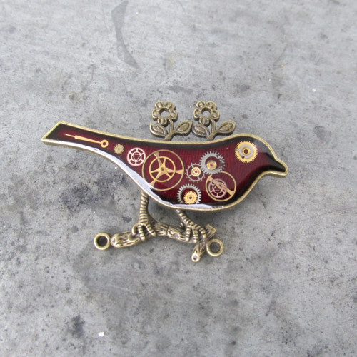 STEAMPUNKOVÝ PTÁČEK červený- brož — foto 2