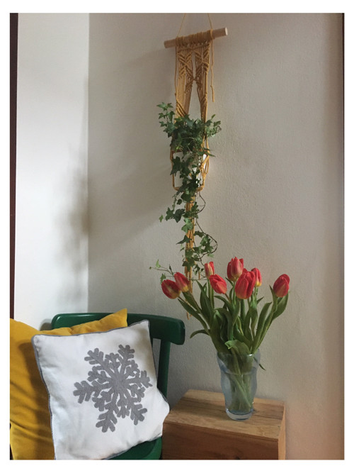 Okrový závěs na květináč, technika macramé — foto 2