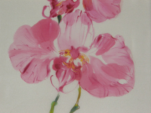 Malba na hedvábí - Orchidej, originál, A3 — foto 2