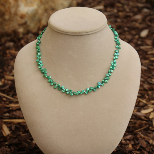 Náhrdelník perlový modro-zelený, chir. ocel — foto 2