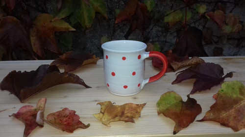 Bílý hrníček s červenými puntíky — foto 4