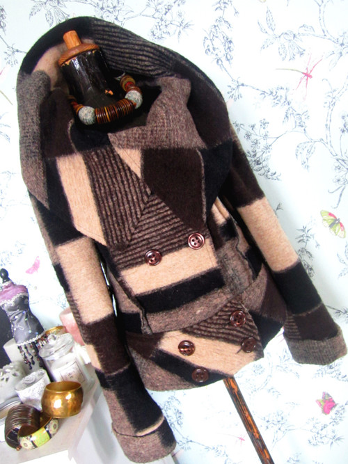 Kabátek luxusní, lana wool, patchwork — foto 3