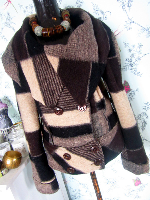 Kabátek luxusní, lana wool, patchwork — foto 2