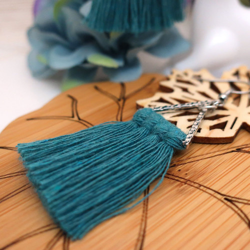Macramé náušnice trojúhelníky střapce tyrkysové — foto 3