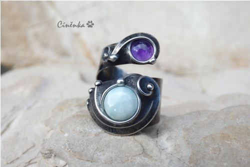 Larimar s ametystem - cínovaný prsten — foto 3