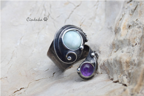Larimar s ametystem - cínovaný prsten — foto 2