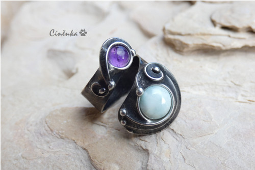 Larimar s ametystem - cínovaný prsten — foto 4