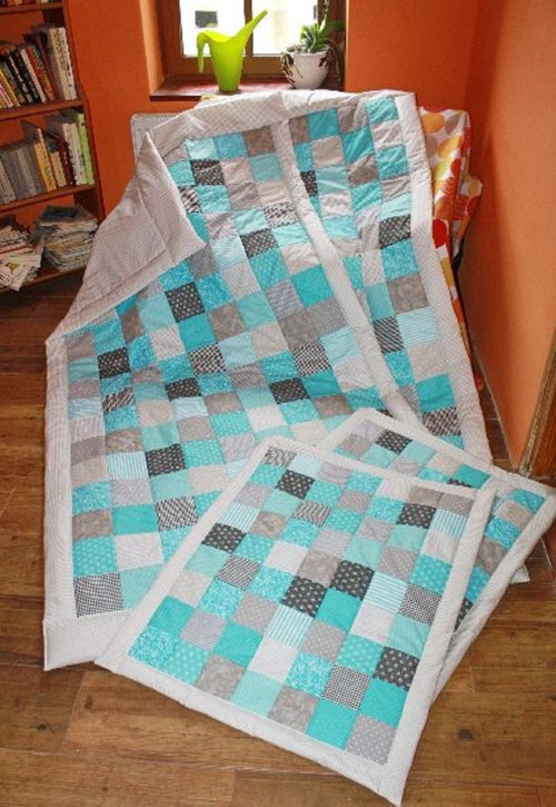Přikrývka, přehoz tyrkysovo šedý patchwork — foto 2