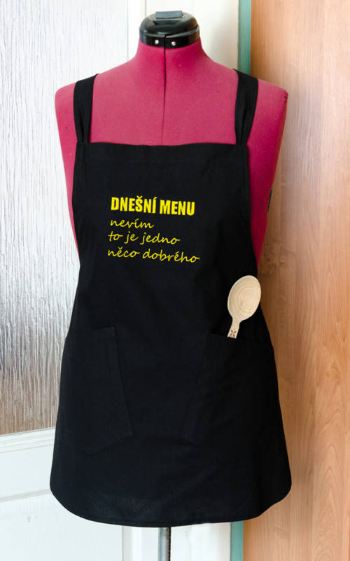 Černá zástěra - dnešní menu bílý nápis — foto 4