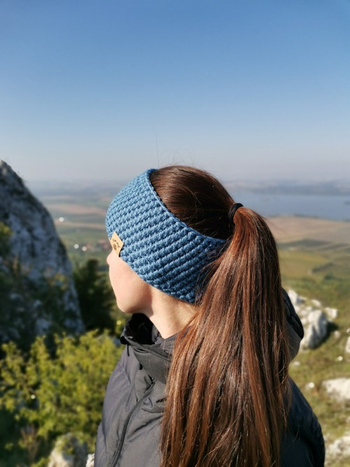 Modro - šedá háčkovaná merino čelenka — foto 5