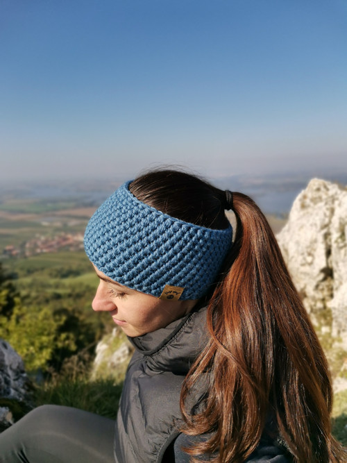 Modro - šedá háčkovaná merino čelenka — foto 3