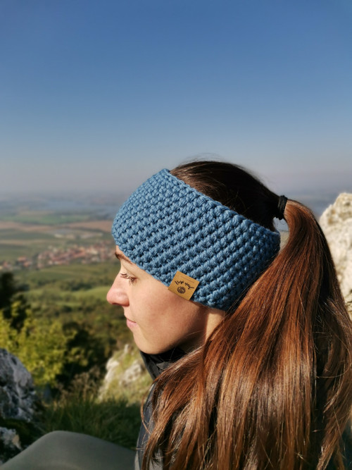 Modro - šedá háčkovaná merino čelenka — foto 4
