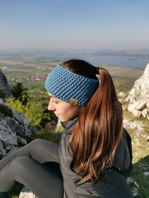 Modro - šedá háčkovaná merino čelenka — foto 2