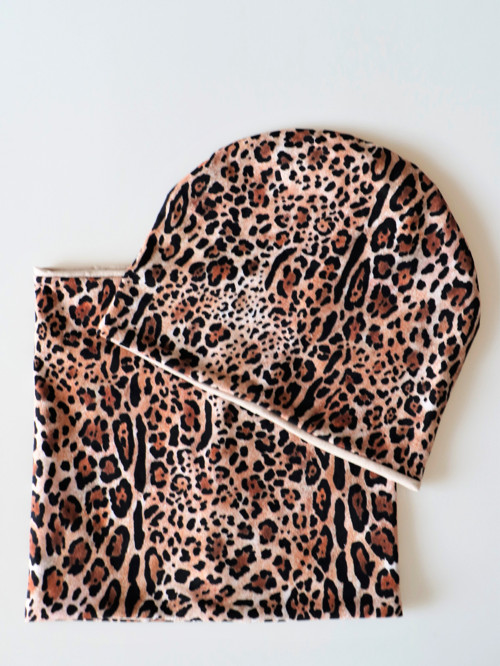 Leopard úpletový set čiapka + nákrčník — foto 4