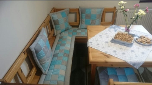 Sedák na lavici, modro šedý patchwork — foto 2