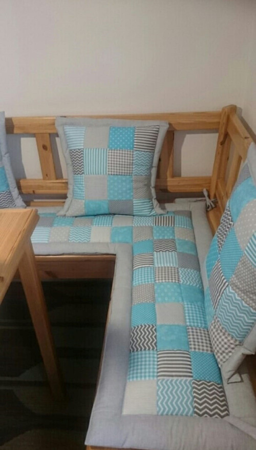Sedák na lavici, modro šedý patchwork — foto 4