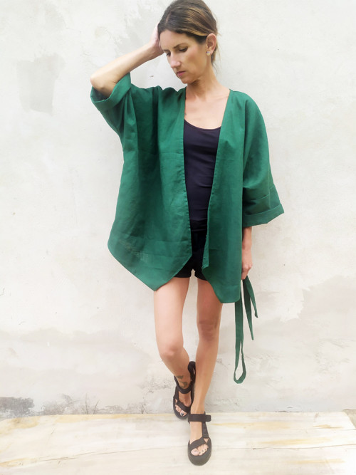 Ľanové kimono DARK green — foto 2