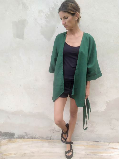 Ľanové kimono DARK green — foto 5