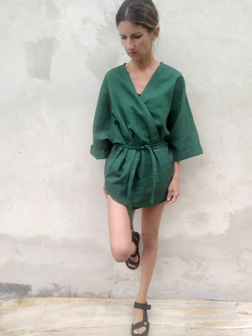 Ľanové kimono DARK green — foto 3