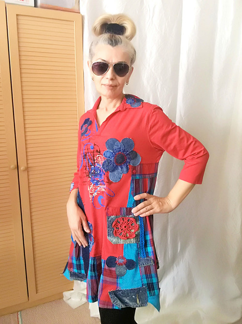 Červené džínové košilové šaty-Boho Chic — foto 4