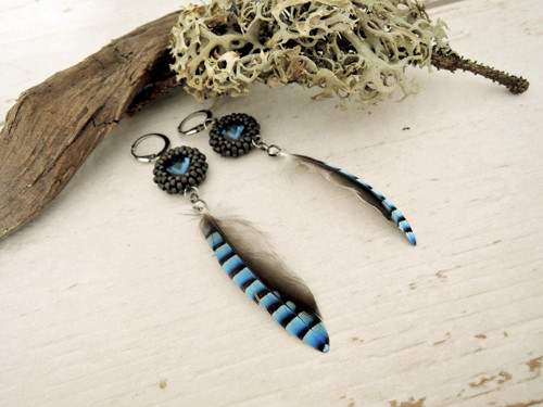 Náušnice "Jay" Dark blue Swarovski Sojčí peří — foto 2