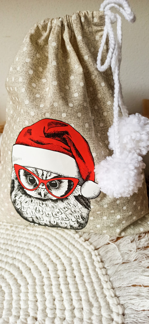 Vánoční látkový pytlík Sovička Santa — foto 2