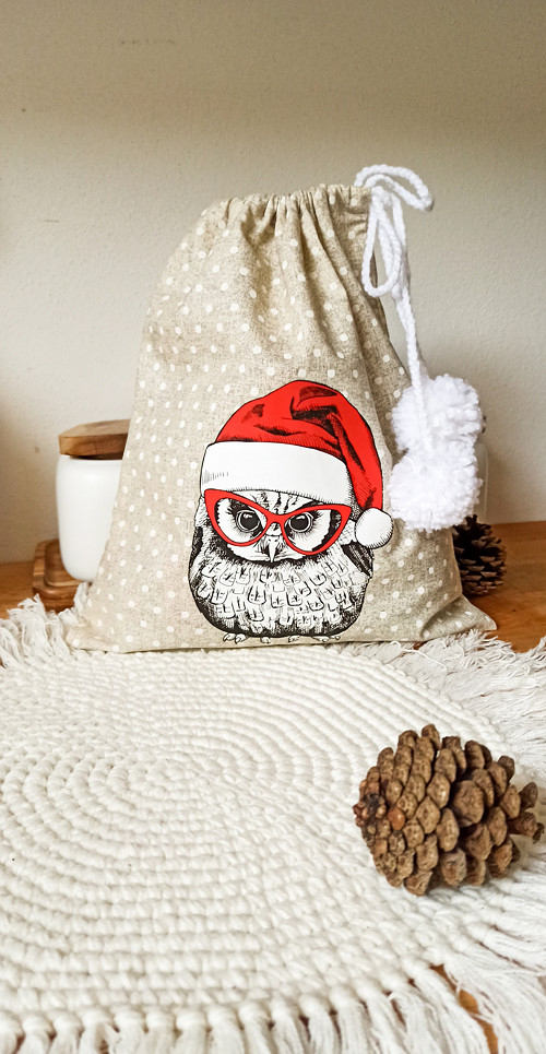 Vánoční látkový pytlík Sovička Santa — foto 3