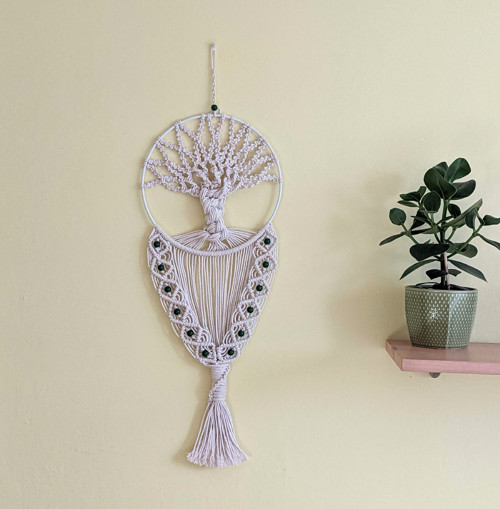 Macramé Boho biely strom so zelenými korálkami — foto 5