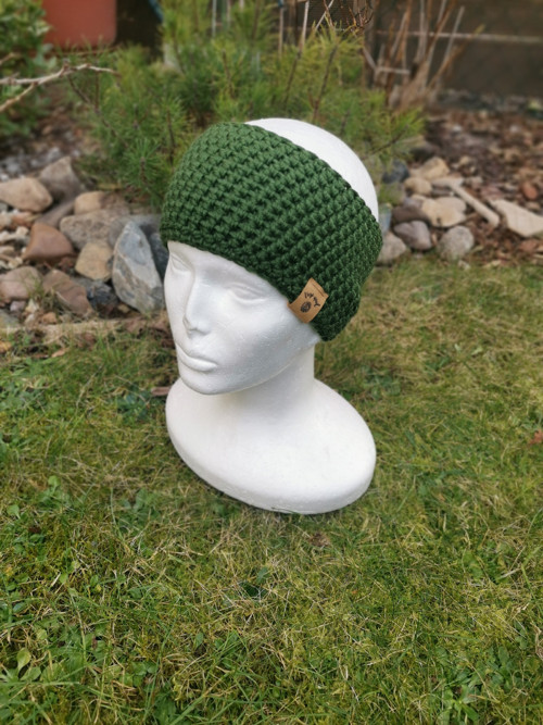 Háčkovaná merino čelenka khaki — foto 2
