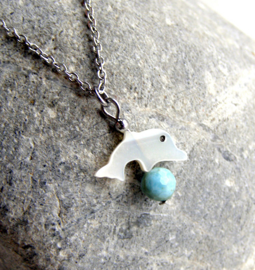 LARIMAR*DELFÍNEK PERLEŤ*ocelový náhrdelník — foto 2